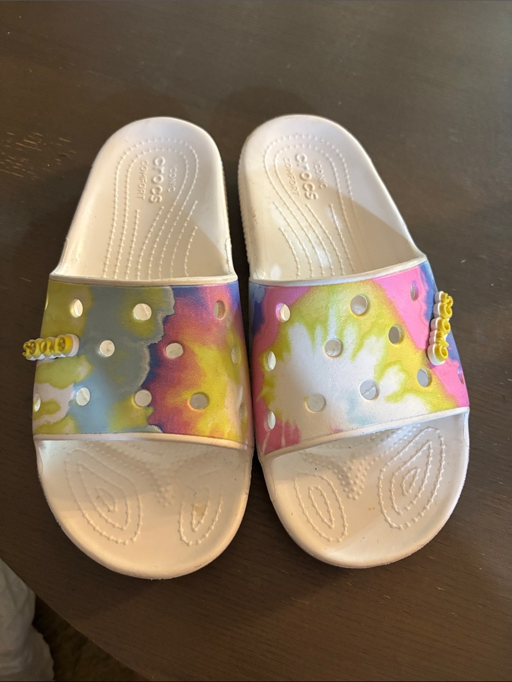 CROCS Tie-Dye Slide Sandals in White with Yellow, Pink & Blue Accents